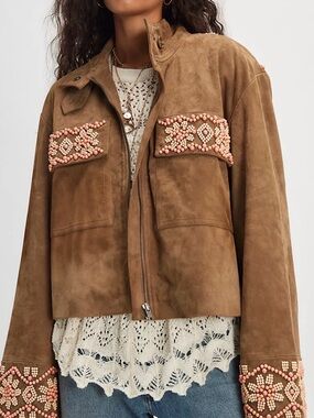 $1,500 FREE PEOPLE Bali Fading Moon Suede Leather Brown Jacket Oversized Small